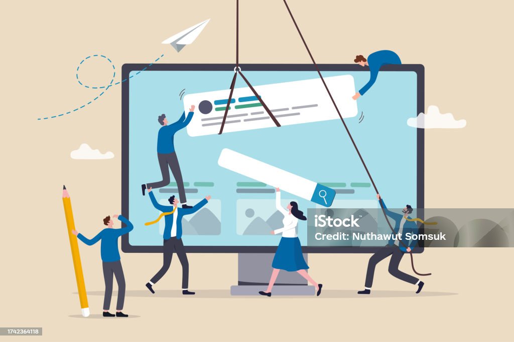 Website development, build homepage layout or html designer, SEO search engine optimization or site template creation concept, business people help carry web banner create website on computer screen.