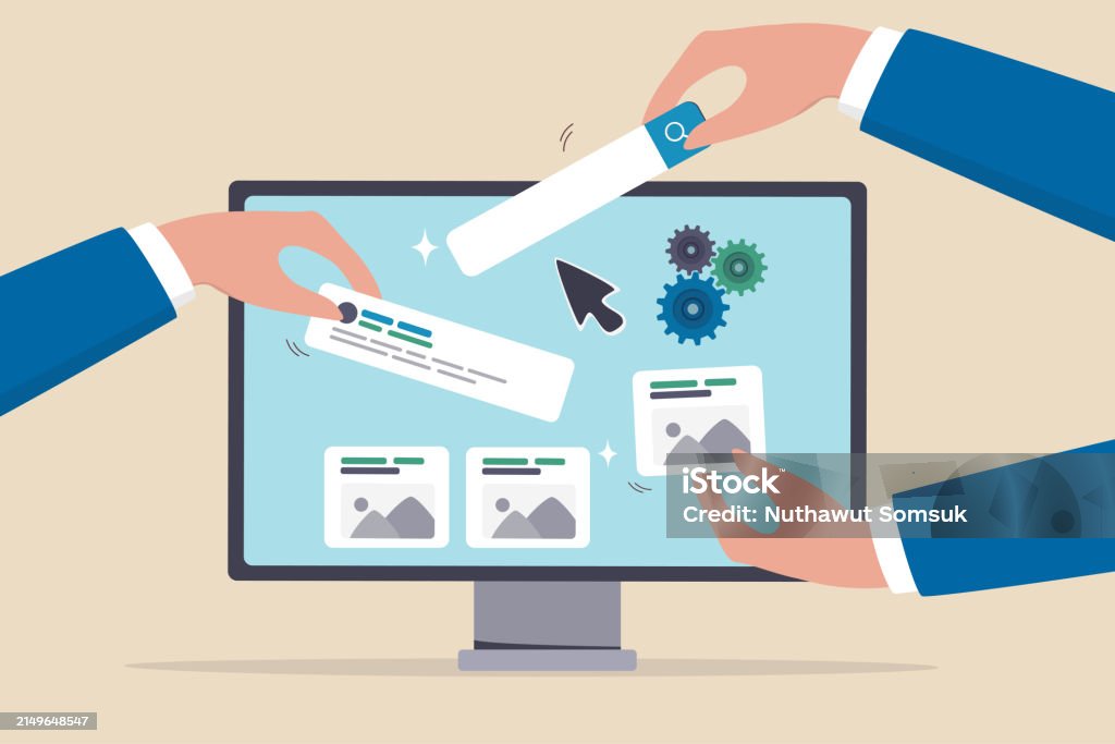Build website with template customization, SEO optimization for search result, develop app or wireframe, customizable software development concept, hands help building website on computer screen.